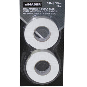 Vista del pack de dos rollos de cinta adhesiva de dos lados espuma 18mmx1.8m mostrando el grosor del núcleo de espuma blanca.