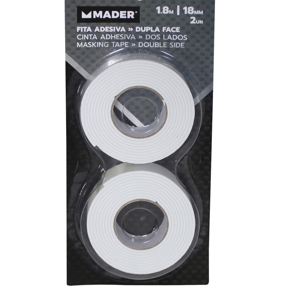 Vista del pack de dos rollos de cinta adhesiva de dos lados espuma 18mmx1.8m mostrando el grosor del núcleo de espuma blanca.