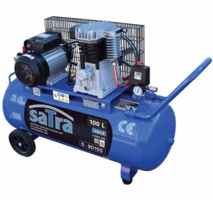 Compresor de aire 100L profesional modelo S-90155, transmisión por correa de dos pistones y tanque de alta capacidad para taller.