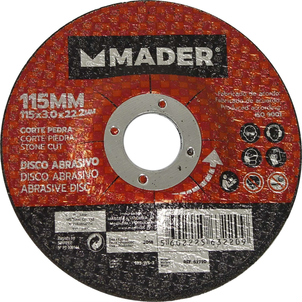 Disco abrasivo de corte para piedra marca Mader de 115mm y 3mm de grosor color rojo textura rugosa.