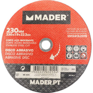 disco abrasivo corte acero inox 230mm de espesor reducido montado sobre fondo industrial mostrando el etiquetado de seguridad.