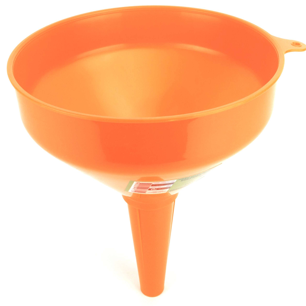 Embudo de plástico naranja de gran tamaño 250mm con filtro de red para maquinaria pesada y agricultura.