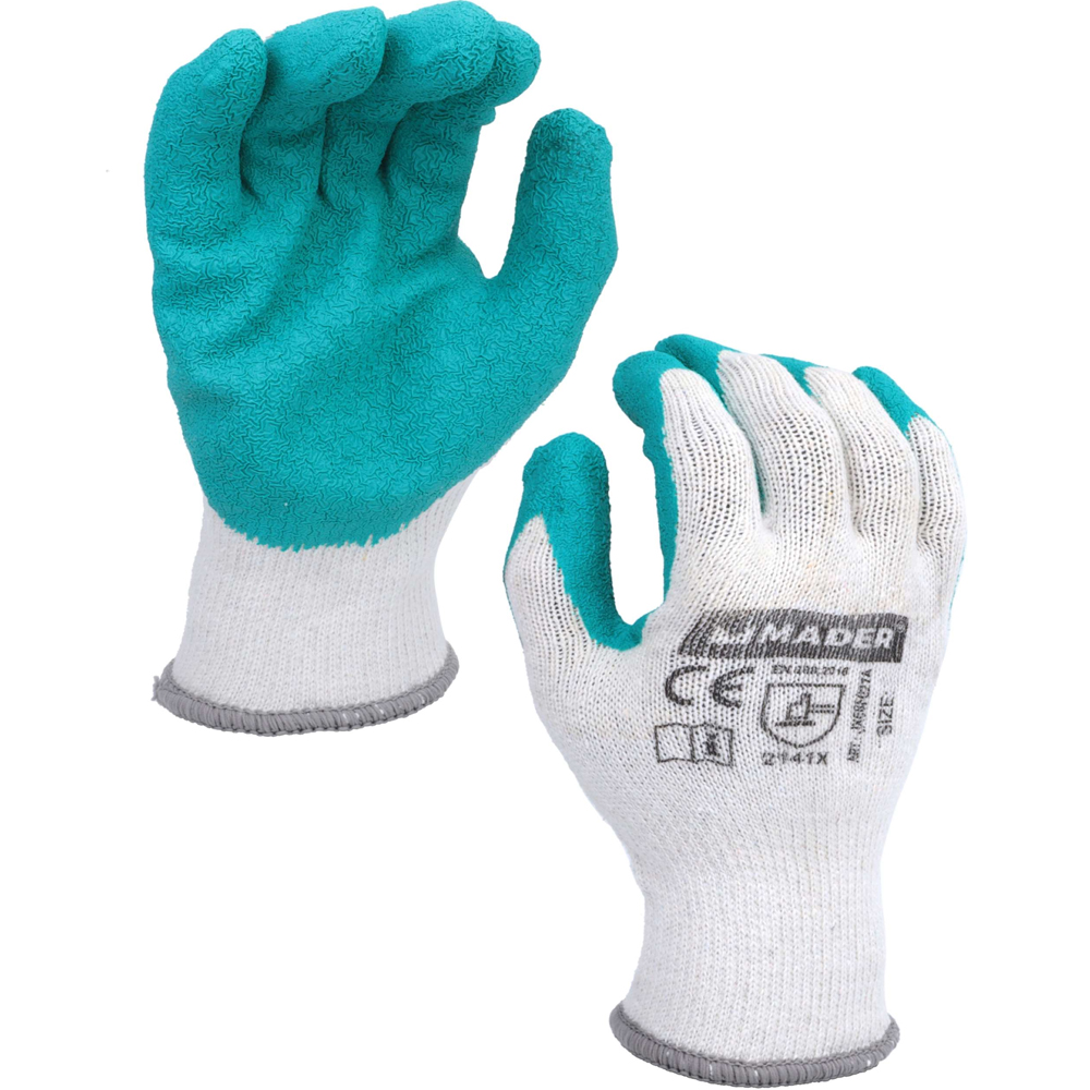 Par de guantes de protección de látex color naranja y gris para trabajos de seguridad industrial y jardinería.