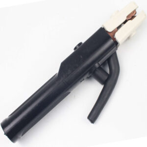 Vista lateral de la pinza porta electrodo 500A mostrando las mordazas de cobre reforzadas y el mango de aislamiento térmico.