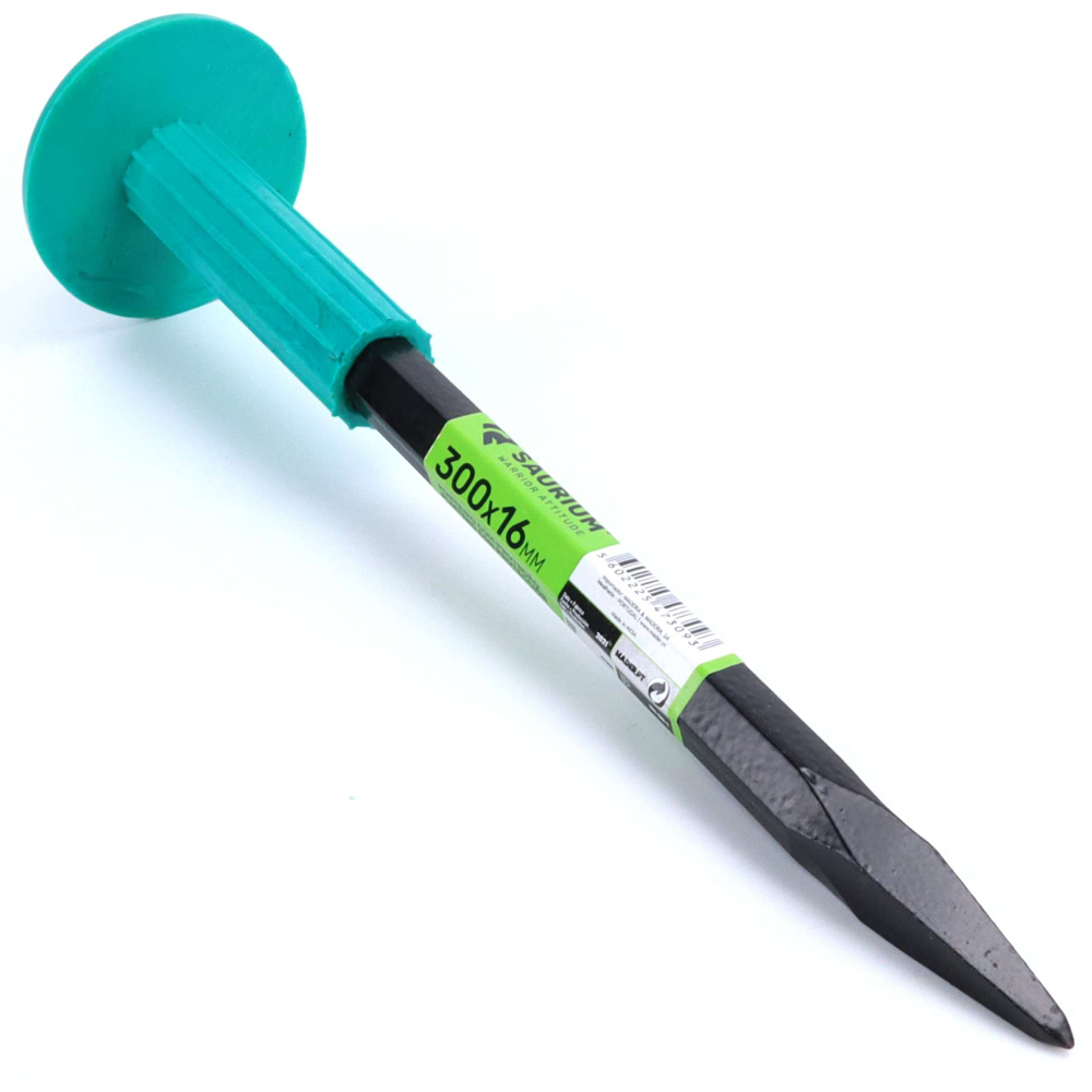 Puntero con protección de goma naranja y herramienta de acero de 16x300mm para picar hormigón y piedra.