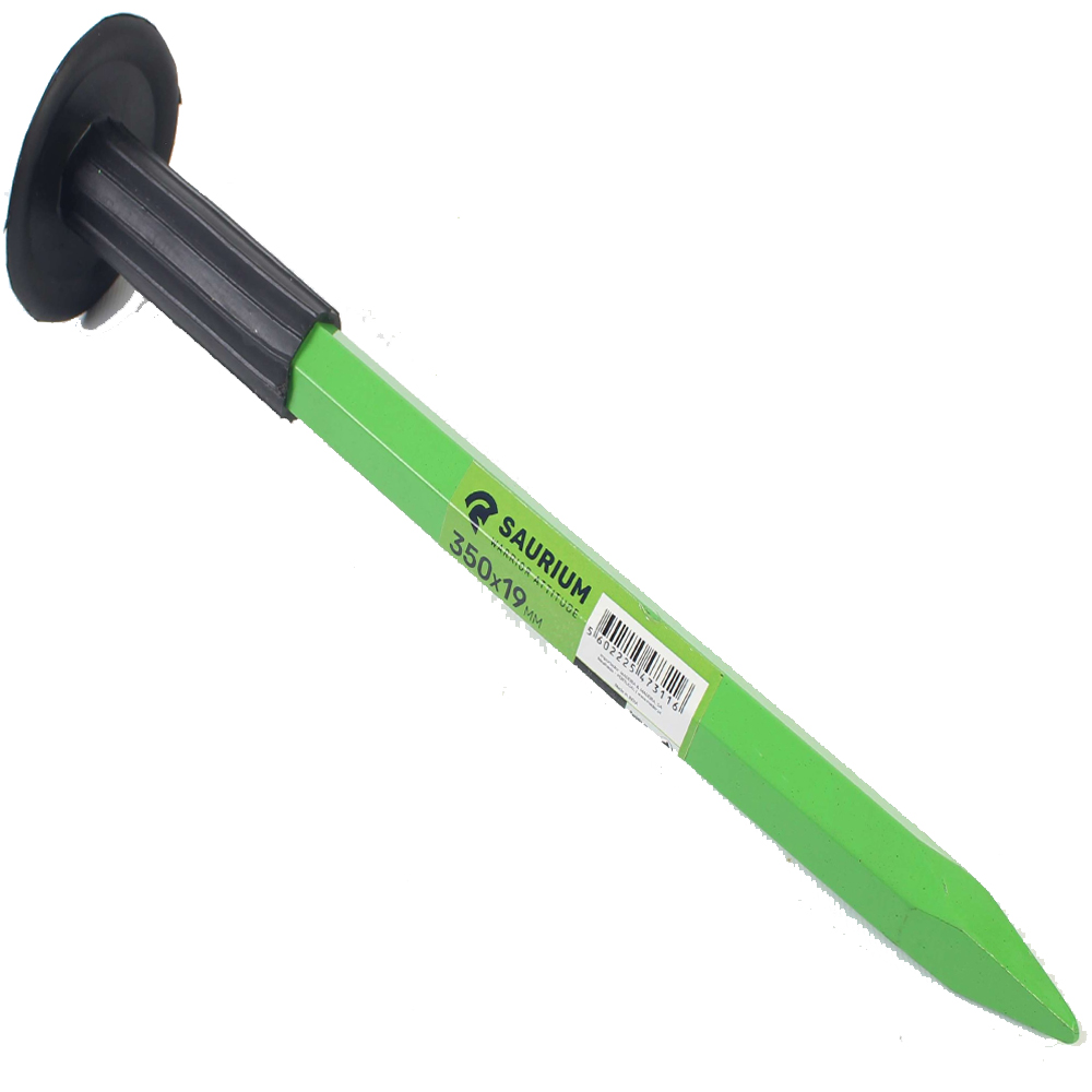 Puntero de acero grueso de 19mm con protección de mano para trabajos de construcción y albañilería.