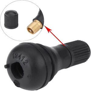 Válvula TR412 de goma negra snap-in para neumáticos tubeless con tapón y núcleo de latón