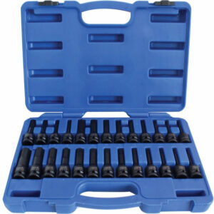 Juego de puntas de impacto 1/2" Asta 26 piezas en estuche azul con vasos Torx, Hex y XZN de acero Cr-Mo