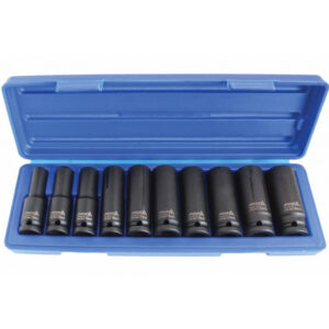 Juego de vasos de impacto largos 1/2" Asta de acero Cr-Mo medidas 10-24mm en estuche azul