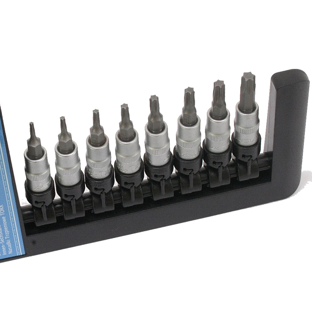 Juego de 8 vasos con punta Torx 1/4 marca ASTA en regleta medidas T8 a T40