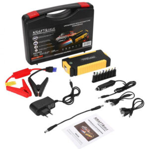 Maletín con arrancador de baterías de coche portátil amarillo y negro de 16800mAh con pinzas y accesorios