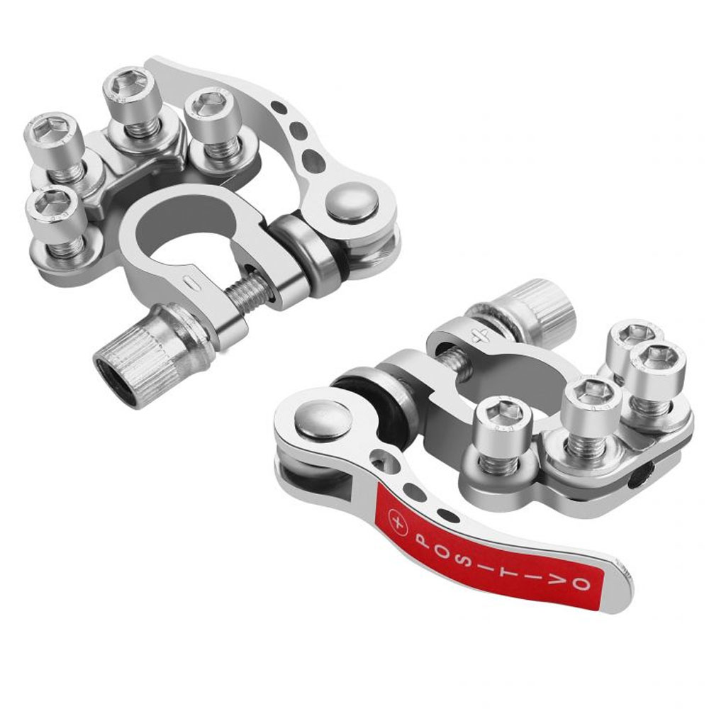 Pareja de bornes de batería de liberación rápida con palanca roja y múltiples tornillos Allen para accesorios