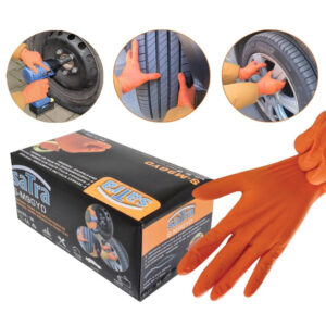 Caja de 100 guantes de nitrilo naranja textura diamante extra fuertes Satra para mecánico