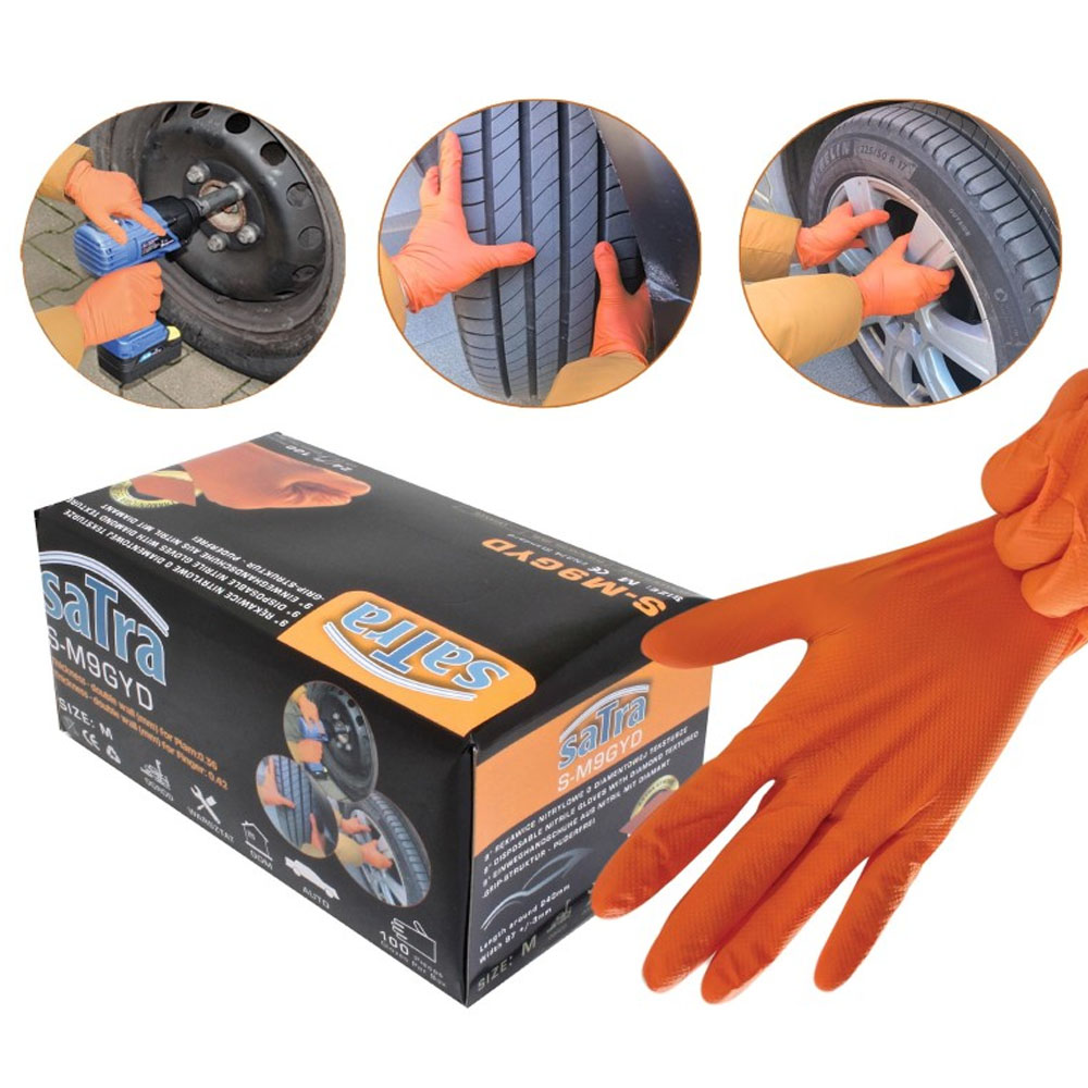Caja de 100 guantes de nitrilo naranja textura diamante extra fuertes Satra para mecánico