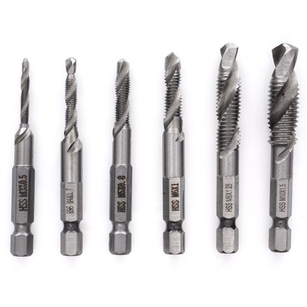 Juego de 6 brocas para roscar HSS con vástago hexagonal de 1/4 desde M3 hasta M10