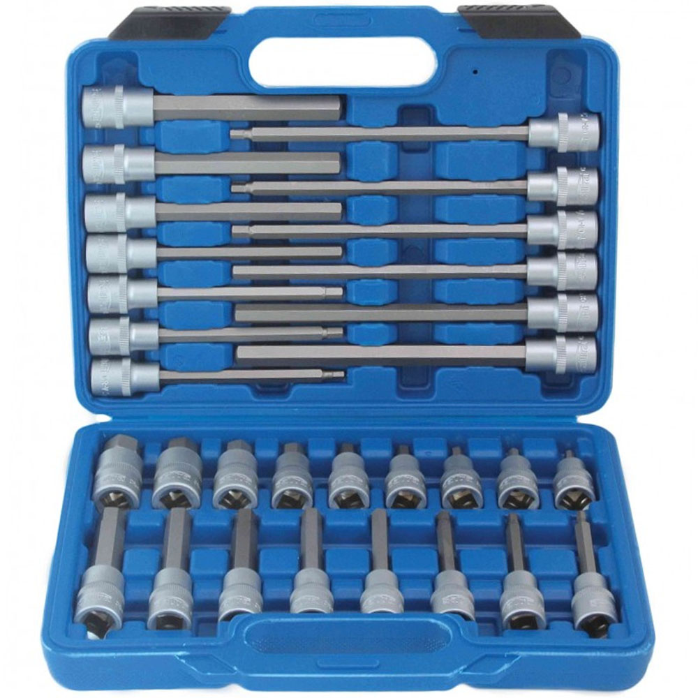 Maletín azul con juego de llaves de vaso con punta hexagonal 1/2 de 30 piezas acero S2 Satra