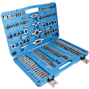 Maletín azul profesional con juego de machos y terrajas 110 piezas en acero HSS de Satra