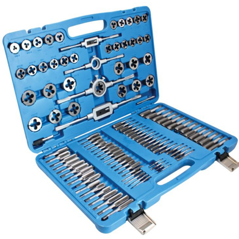 Maletín azul profesional con juego de machos y terrajas 110 piezas en acero HSS de Satra