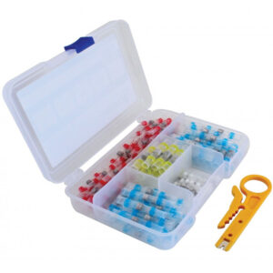 Estuche transparente de kit de conectores termorretráctiles con estaño 150 piezas y mini pelacables amarillo