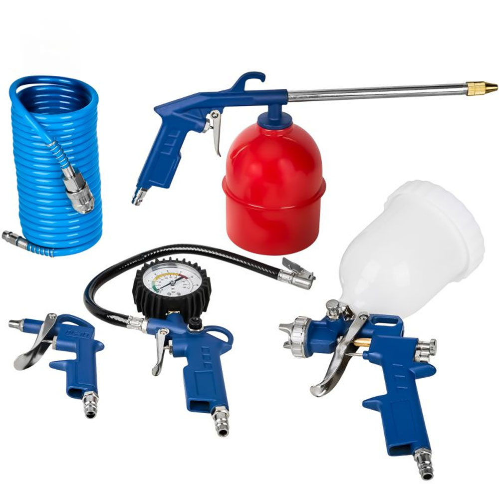 Kit de herramientas neumáticas 5 piezas con pistola de pintura, petrolear, inflar y manguera azul