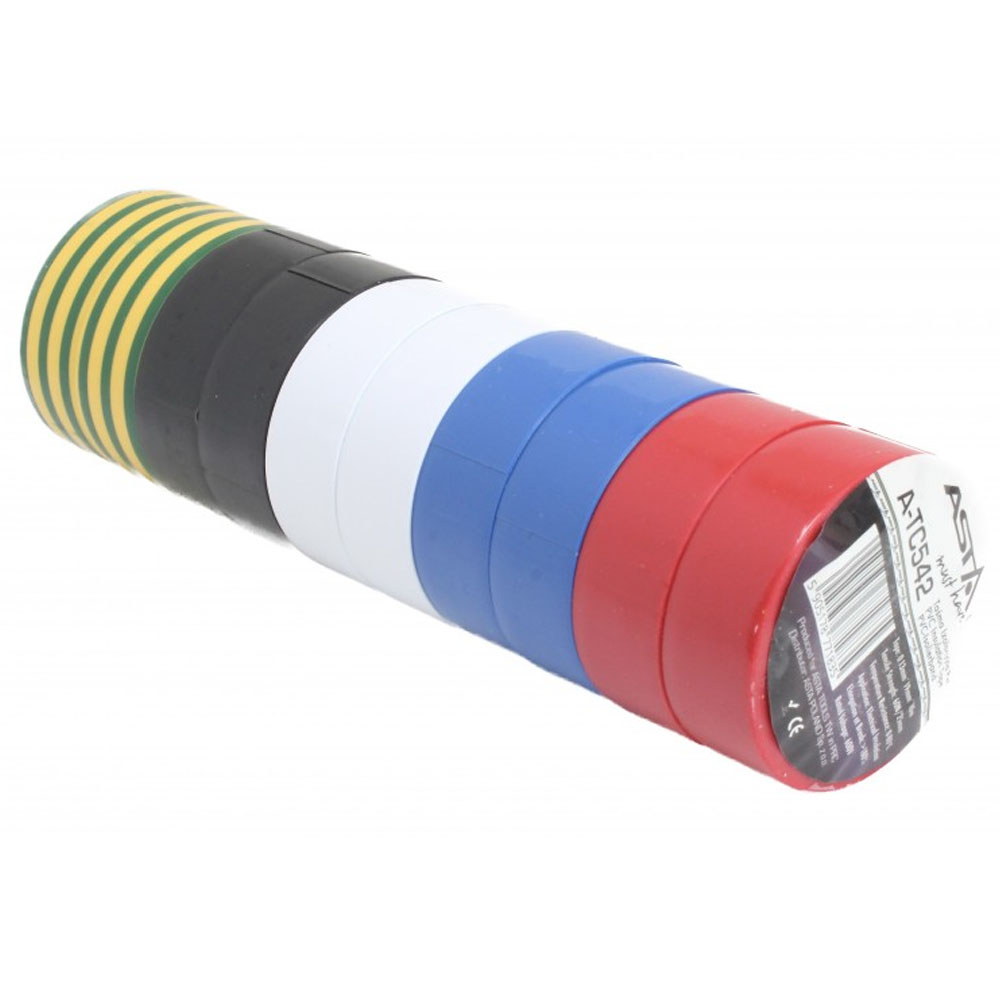 Pack de cintas aislantes de colores PVC de 10 rollos marca ASTA para electricistas