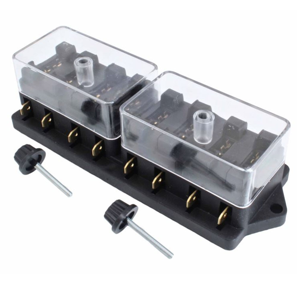 Caja portafusibles de 8 vías estándar con terminales faston y tapas protectoras transparentes