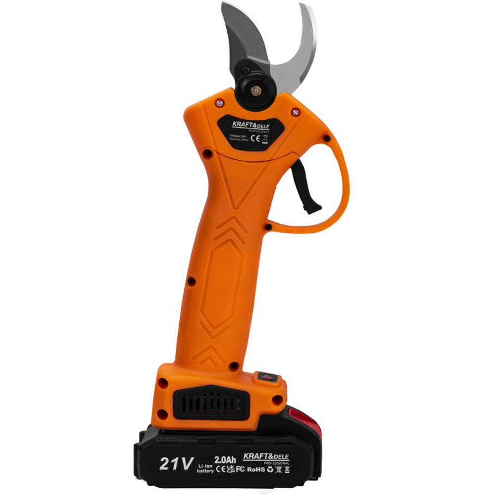 Tijera de podar a batería 21V color naranja marca Kraft&Dele con maletín y dos baterías de 2Ah
