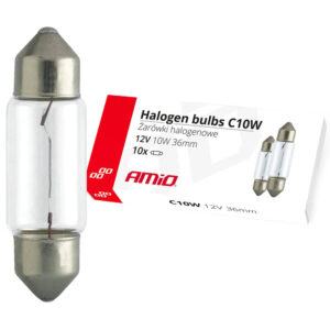 Pack de 10 bombillas C10W 36mm 12V profesionales AMIO de 10W con base SV8.5 para matrícula e iluminación interior de coche.