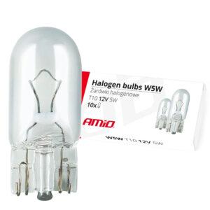 Pack de 10 bombillas T10 W5W 12V profesionales AMIO de cristal transparente para luz de posición y matrícula de coche.