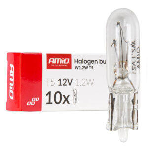 Pack de 10 bombillas T5 12V 1.2W profesionales AMIO con casquillo W2x4.6d para iluminación de salpicadero y cuadros de instrumentos.