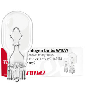 Pack de 10 bombillas W16W T15 12V profesionales AMIO con base W2.1x9.5d de 16W para luces de marcha atrás de coche.