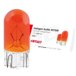 Pack de 10 bombillas WY5W T10 ámbar profesionales AMIO de 12V y 5W para intermitentes laterales de coches con faros transparentes.