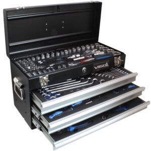 Caja de herramientas completa profesional marca VISTA modelo V-TB140. Maletín metálico abierto mostrando compartimento superior y 3 cajones con herramientas organizadas en módulos de espuma EVA azul y negra.