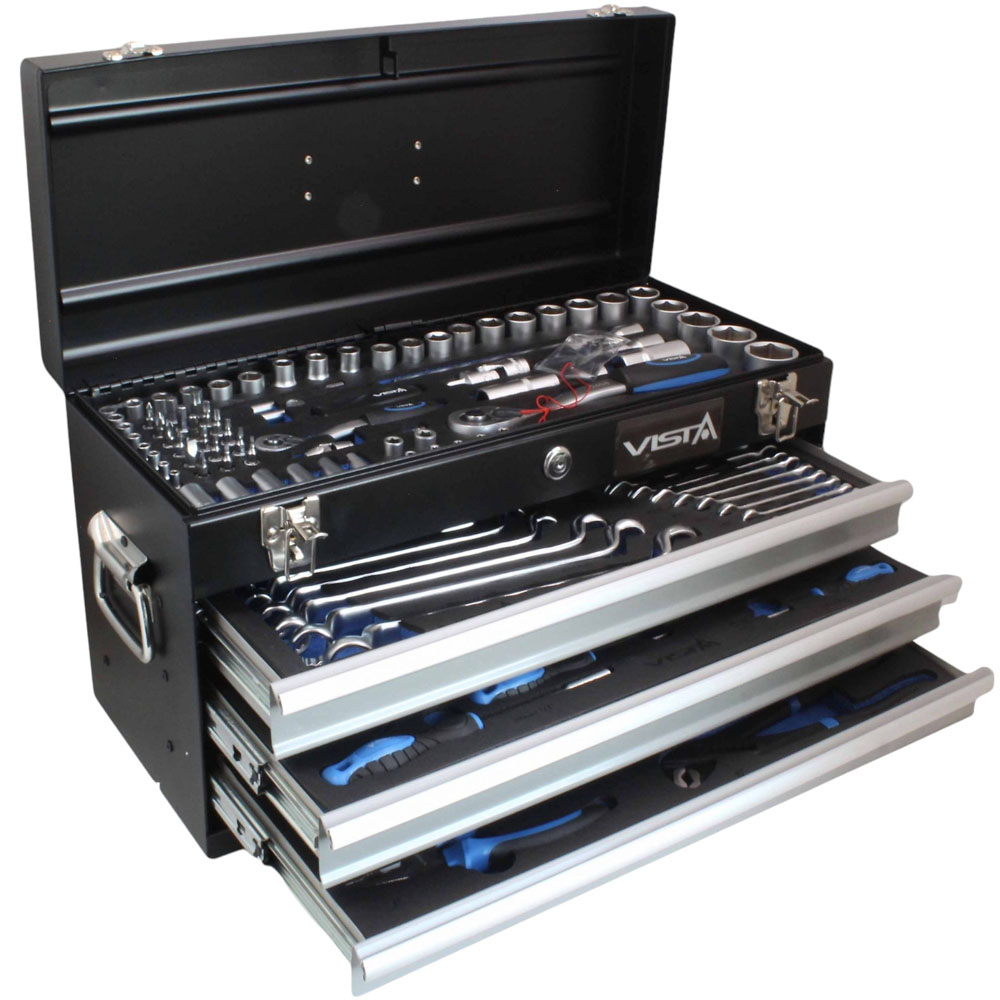 Caja de herramientas completa profesional marca VISTA modelo V-TB140. Maletín metálico abierto mostrando compartimento superior y 3 cajones con herramientas organizadas en módulos de espuma EVA azul y negra.