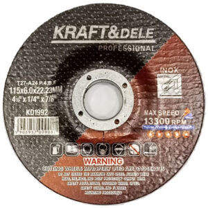 Disco de desbaste para metal 115mm profesional Kraft&Dele modelo KD1992. Pack de 5 unidades para amoladora, mostrando especificaciones y normas de seguridad.