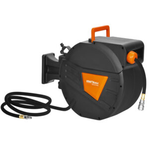 Enrollador de manguera de aire comprimido automático Kraft&Dele KD2159 de 20 metros montado en carrete negro y naranja con soporte de pared.