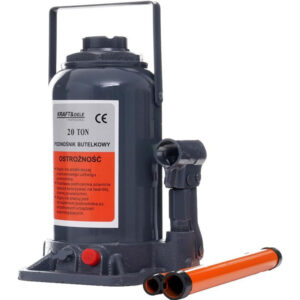 Gato hidráulico de botella 20t profesional Kraft&Dele KD1985. Elevador de columna gris de 20 toneladas con palanca de elevación naranja.