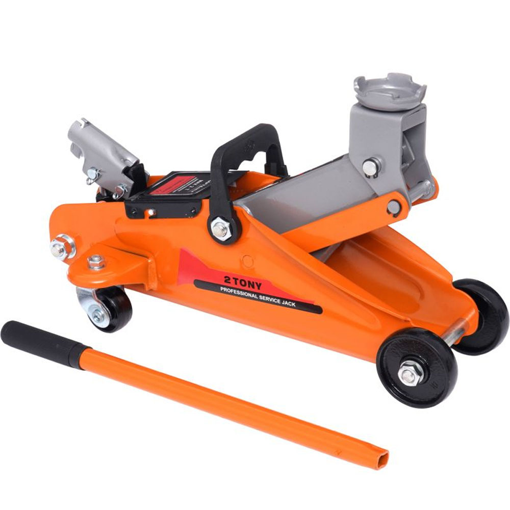 Gato hidráulico de perfil bajo para coche 2T Kraft&Dele KD1377 en color naranja con ruedas giratorias y asa de transporte.