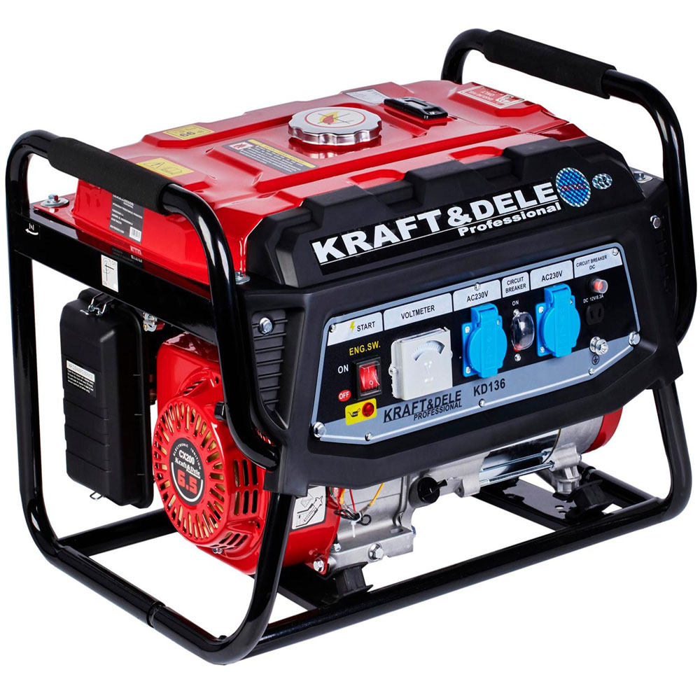 Generador eléctrico a gasolina 3000w profesional Kraft&Dele KD136 con motor de 4 tiempos, voltímetro y dos tomas de 230V.