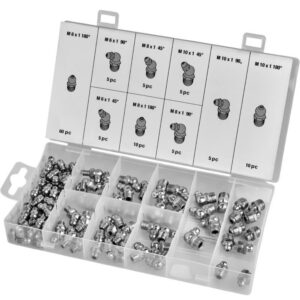 Juego de boquillas de engrase profesional Kraft&Dele KD10507 con 110 piezas métricas M6, M8 y M10 en ángulos de 45, 90 y 180 grados.