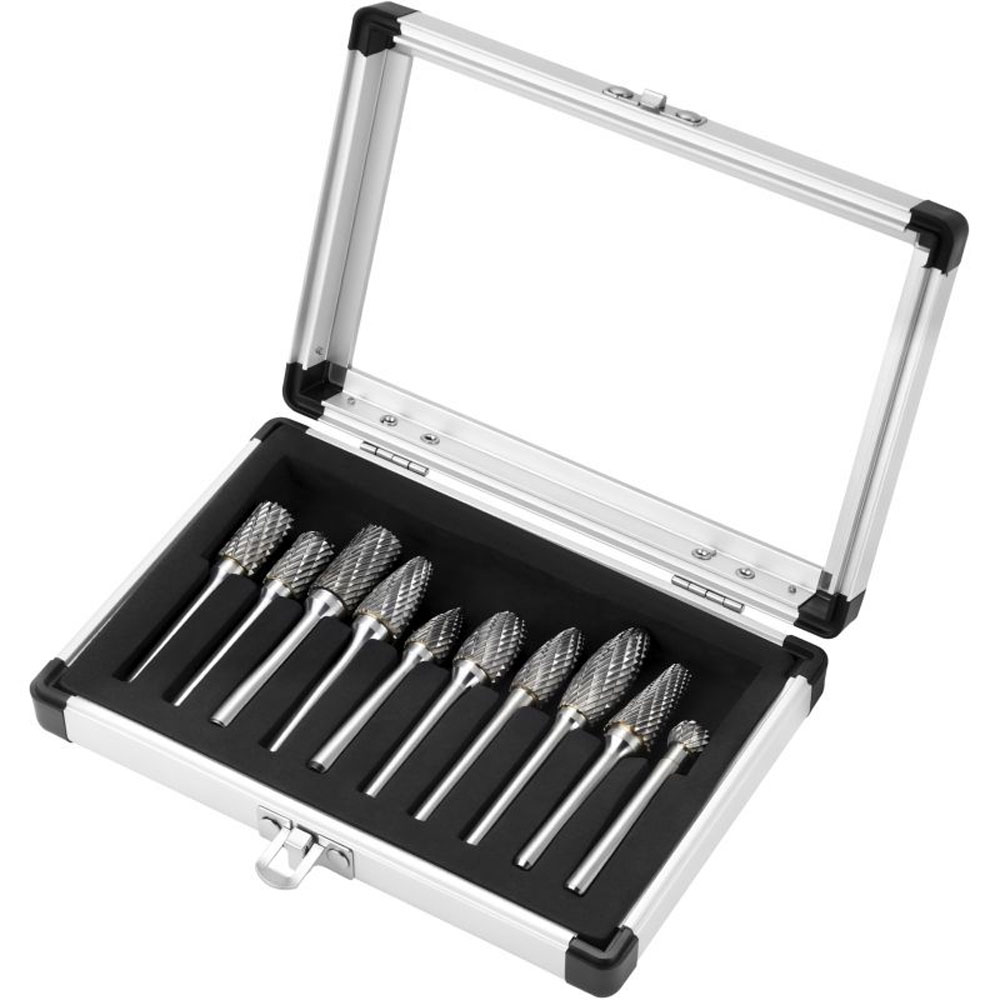 Juego de fresas para metal 6mm profesional marca Kraft&Dele modelo KD3580. Estuche de aluminio abierto mostrando 10 piezas de carburo de tungsteno de diferentes formas geométricas.