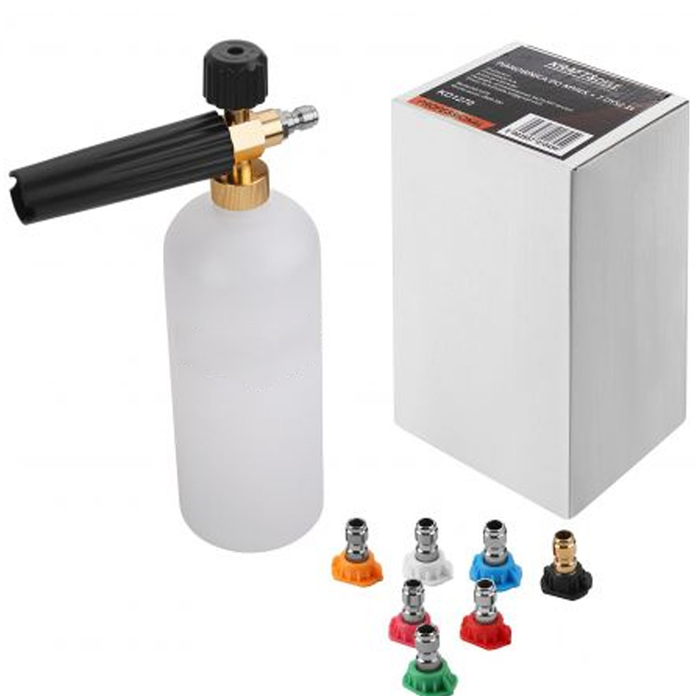 Lanza de espuma para hidrolimpiadora profesional Kraft&Dele KD1270 con depósito de 1 litro y kit de 7 boquillas de colores para diferentes ángulos de presión.