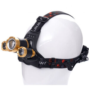 Linterna frontal 3 led recargable de alta potencia Kraft&Dele KD1246. Vista de perfil mostrando los tres focos, correas ajustables y caja de baterías en color dorado y negro.