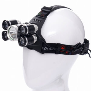 Linterna frontal 5 led recargable profesional marca Kraft&Dele modelo KD1247. Vista lateral con arnés elástico, chasis de aluminio y cableado hacia el compartimento de baterías trasero.