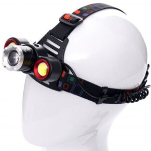 Linterna frontal LED recargable profesional modelo KD1245 con chip Cree T6. Vista de las correas ajustables, lentes y batería recargable para la cabeza.