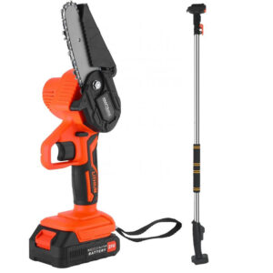 Kit completo de mini motosierra a batería con pértiga. Incluye maletín de transporte rígido, 2 baterías de litio 21V, cargador y gafas de protección.