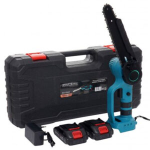 Mini motosierra a batería Kraft&Dele KD10647 de 21V con guía de 8 pulgadas, incluye dos baterías de litio y maletín de transporte.