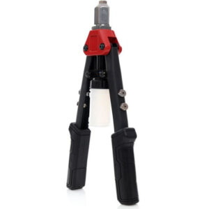 Remachadora manual profesional Kraft&Dele KD10113 de 13 pulgadas con 5 boquillas, depósito de vástagos y mangos ergonómicos rojos.