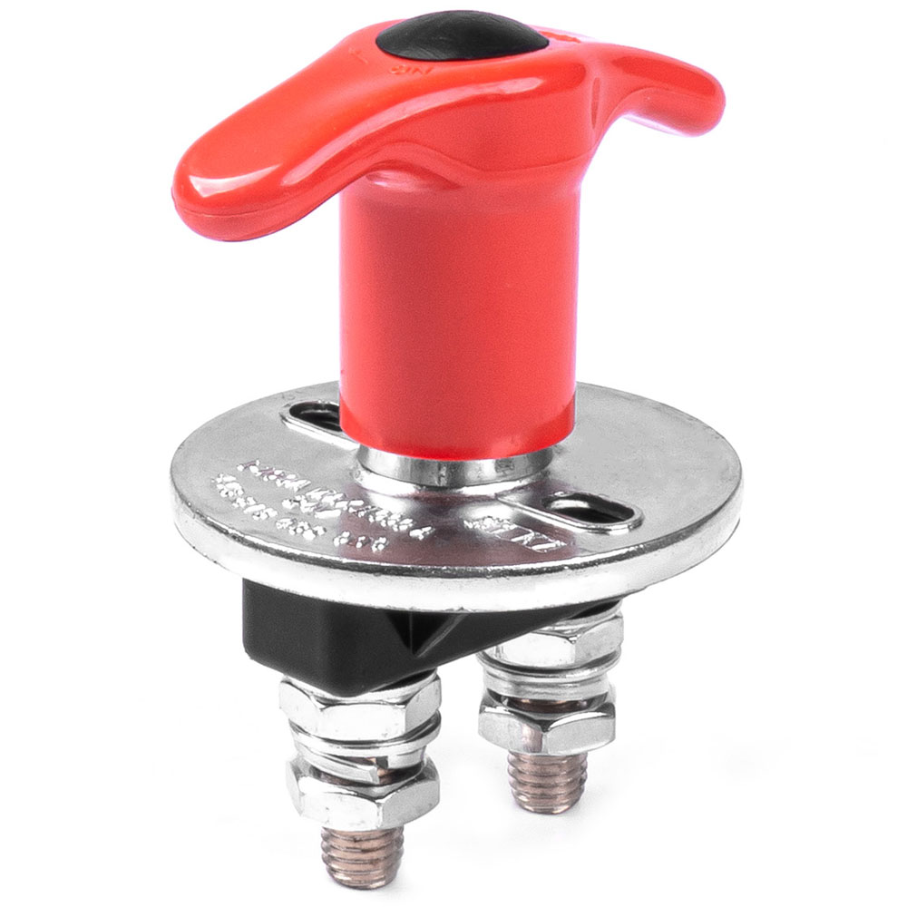 Desconectador de batería AMiO 12/24V 200A con pomo rojo y placa cromada