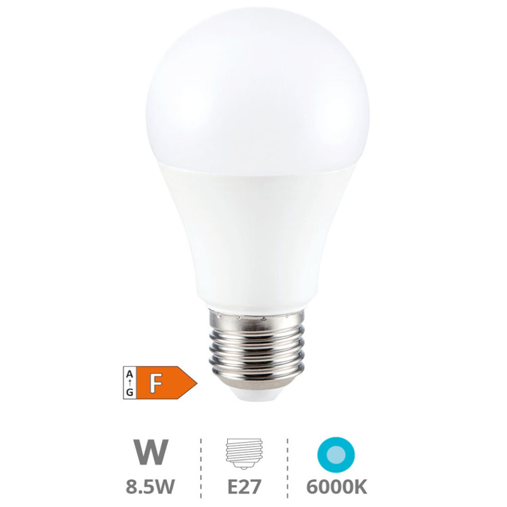 Bombilla LED estándar A60 casquillo E27 de 8.5W con temperatura de luz fría 6000K y clase energética F.